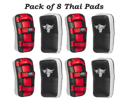 Pack of 8 Thai Pads Kick shield in red and black design on a white background